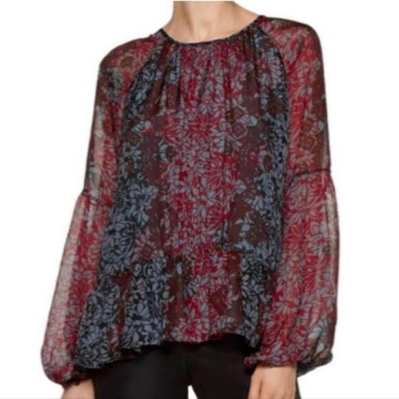 Cinq a Sept Silk Floral Tie Back Peplum Blouse Red Black S - Picture 1 of 9